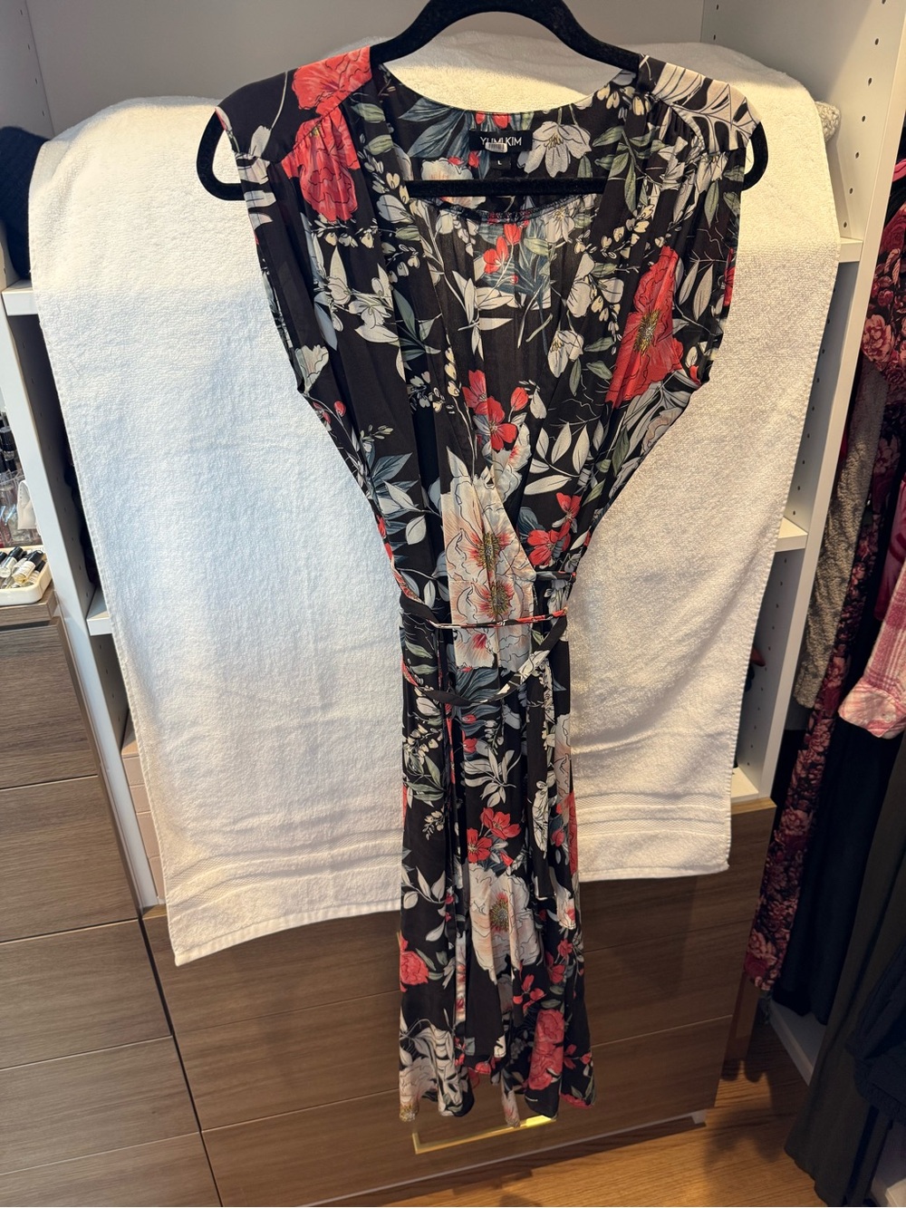 Yumi Kim Black Floral Belted Wrap-Style Dress